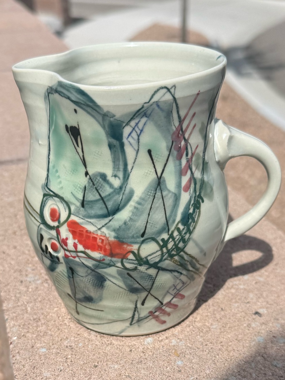 Handmade Studio Pottery Pitcher, Celadon Glaze, Hand-Painted Abstract & Botanica